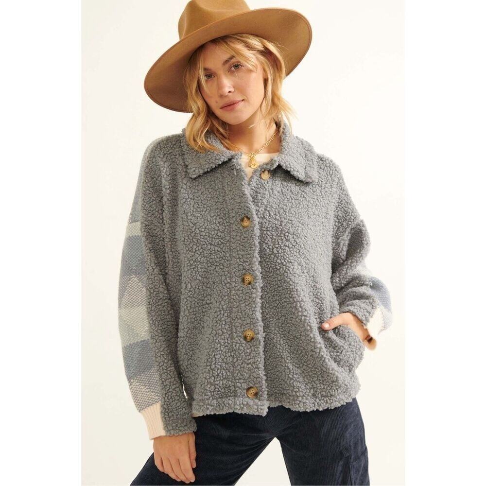 Promesa Mountain Mists Faux Shearling Sweater Jacket Ash Blue Sz L